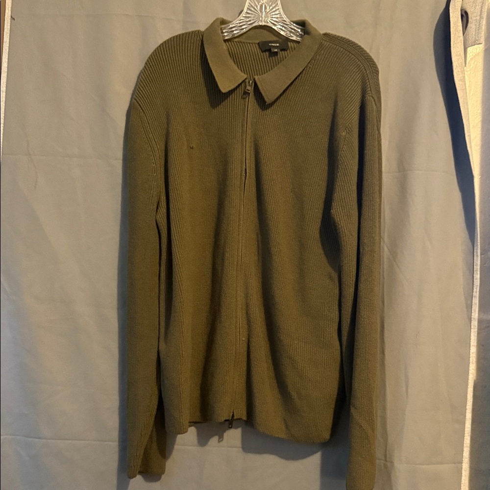 Vince Olive Green Men's Zip-Up Sweater